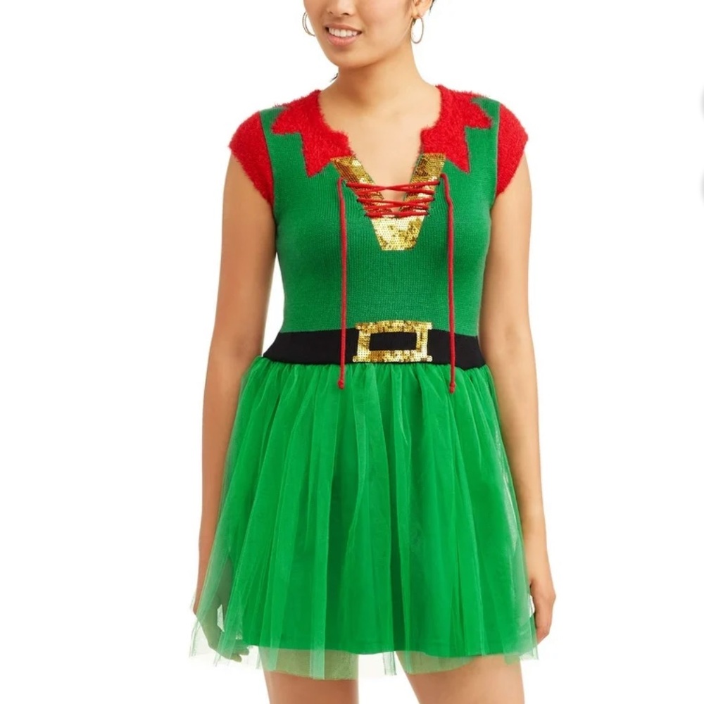 Jane Street Christmas Elf Womens Ugly Christmas Sweater Dress Size: L
